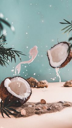 coconuts are falling into the water and on top of some sand with palm trees in the background