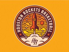 the houston rockets basketball logo is shown on an orange and yellow background with stars around it