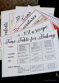 some papers are stacked on top of each other with the words time table for baking