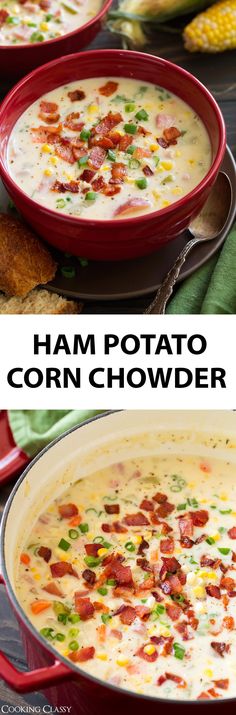 ham potato corn chowder soup in a red bowl