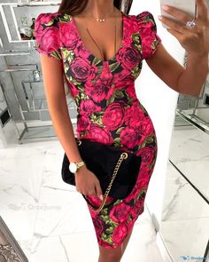 OrcaJump - Elegante Vestido Bodycon de Manga Corta con Exquisito Estampado Floral Fashion Over 70, Modest Outfit Ideas, Cocktail Ideas, Buy Dresses Online, Modest Outfit, Short Sleeve Bodycon Dress, Chic Type, Sleeveless Bodycon Dress, Floral Fit