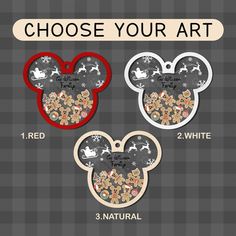 three mickey mouse ears with the words choose your art