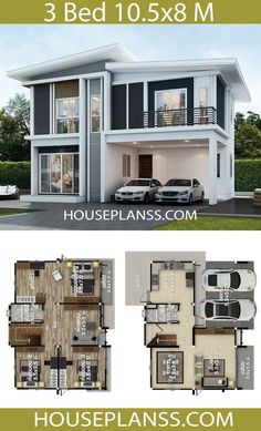 three story house plan with 3 car garages and 2 bedroom apartment on the second floor