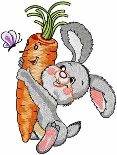 a bunny hugging a carrot with a butterfly on its back