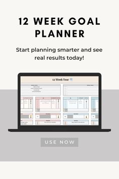 a laptop with the text 12 week goal planner on it, and an image of a laptop