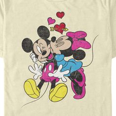 a mickey and minnie mouse t - shirt with hearts on the chest, in white