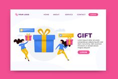 the landing page for a gift shop with two women holding presents and one woman carrying a large