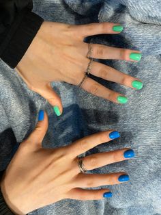 Blue Nails Two Colors, Blue Combo Nails, Unique Nail Colors Summer, Different Size Nails On One Hand, One Hand Green One Hand Blue Nails, Multiple Green Nails, Green Nails Multicolor, Blue And Green Spring Nails, Hands Two Different Colors Nails