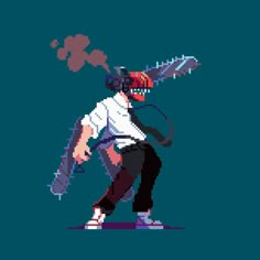 a pixel art image of a man holding a baseball bat and wearing headphones on his ears