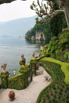 an outdoor garden area overlooking the water