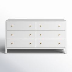 a white dresser with gold knobs on the top and bottom drawers, against a plain background