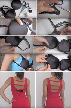 the instructions for making bras are shown in several different ways, including cutting and sewing