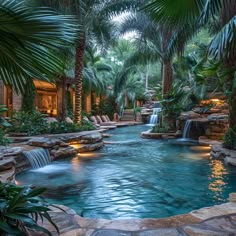 an outdoor pool surrounded by palm trees and water features a waterfall that flows into the pool