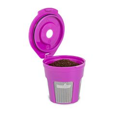 a purple trash can with dirt inside on a white background