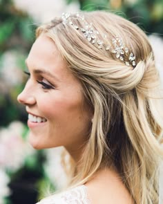 A bride wears her hair with soft bridal waves, with the sides pinned up. The Everthine Crystal Hair Vine is styled to the front, with a veil in the back. Boho Hair Vine, Bridal Hair Down, Bridal Halo, Crystal Hair Vine, Bohemian Braids, Crystal Flowers, Hair Adornments, Bridal Hair Vine, Bridal Crown