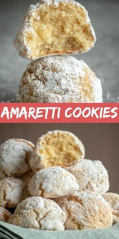 there are some powdered sugar donuts stacked on top of each other with the words amarreti cookies above them