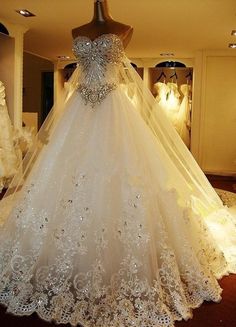 Wedding Dresses Lace Applique Bridal Gown Strapless Sweetheart Neckline Beaded Cathedral Train Wedding Gown Watteau Train Wedding Dress, Affordable Bridal Dresses, Shoes Dresses, Wedding Dresses Sweetheart Neckline, Custom Wedding Gown, Bling Wedding Dress, Long Train Wedding Dress, Bridal Ideas, Lace Ball Gowns