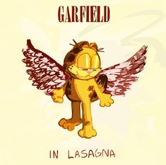 a cartoon cat with wings and the words garfield in lasagna