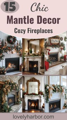 15 Chic Christmas Mantle Decor Ideas For Cozy Fireplaces Lanterns On Fireplace Mantel, Tv Fireplace Mantle Decor, Christmas Fireplace Wreath, Christmas Fireplace Inspiration, Garland Fireplace Mantle Christmas, Christmas Mantlepiece Ideas, Large Mantle Christmas Decor, Fireplaces Decorated For Christmas, French Country Fireplace Mantle Decor