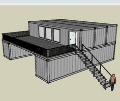 a drawing of a shipping container with stairs leading up to the second floor and another person standing in front of it