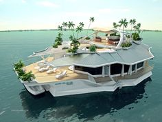 a floating house in the middle of water with palm trees around it and lounge chairs on top