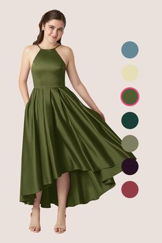 a woman in a green dress with different colors