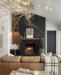 a living room filled with furniture and a fire place next to a wall mounted fireplace