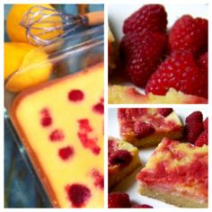 four different pictures with raspberries and lemons