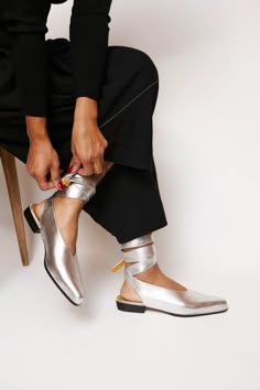 Bruna Silver Ballerina Flats – Mafalda Silver Ballerina Flats, Silver Flats, Chic Shoes, Ankle Wrap, Silver Shoes, Ballerina Flats, Shoe Obsession, Shoe Lover, Stylish Shoes