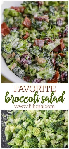 broccoli salad with bacon and tomatoes in a white bowl