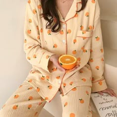 Korean Sleepwear, Winter Pajamas Women, Suits Korean, Cute Pjs, Pajamas For Women, Cute Pajama Sets, Winter Pajamas, Orange Print