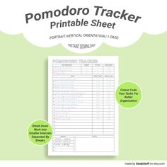 the printable pomodoro tracker sheet is shown with instructions for how to use it