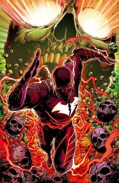 the flash is in front of skulls and flames, as if he's about to strike