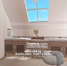 a bathroom with two sinks and several towels on the counter top in front of a skylight