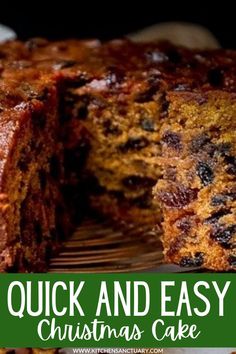 a close up of a cake on a plate with the words quick and easy christmas cake