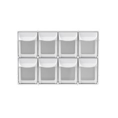 six white dishes are arranged in a grid pattern on a white background, each with different compartments