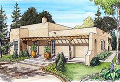 this is an artist's rendering of a house in the country side with potted plants