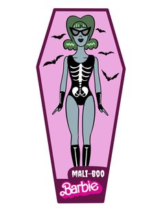 an image of a woman in a body suit with bats on her chest and the words mail boo barbie