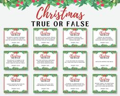 twelve christmas true or false cards with holly leaves and red berries on the bottom,