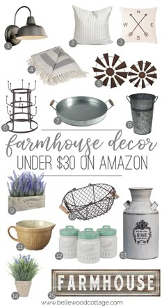 farmhouse style decor under $ 30 on amazon with the words farmhouse house and other items