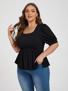 Effortless Style Meets Comfort with the Plus Black Elastic Waist Puff Sleeve Blouse. Embrace Chic and Feminine Charm. Shop Now and Define Your Look Puffed Sleeves Blouse, Belly Clothes, Puff Sleeve Blouse, Plus Size Womens Clothing, Plus Size Blouses, Trendy Plus Size, Trending Now, Black Blouse, Plus Size Fashion