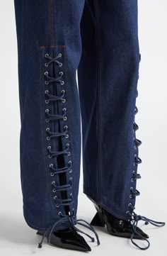 Jean Paul Gaultier Lace-Up Wide Leg Jeans | Nordstrom Corset And Jeans, Lace Up Jeans, Lace Up Trousers, Dyed Denim, Jean Crafts, Deep Indigo, Fashion Illustration Dresses, Denim And Lace