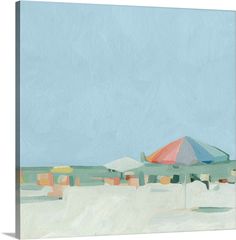 an abstract painting of umbrellas on the beach with blue sky in the back ground