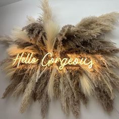 the words hells congress are lit up in gold letters on a wall with feathers