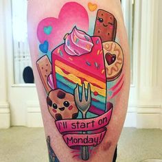 a woman's leg with tattoos on it that says i'll start on monday