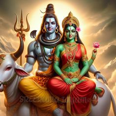 the god and goddess sitting on top of a cow