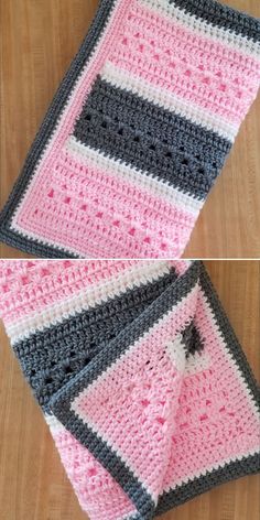 crocheted dishcloths are laying on top of each other, one is pink and the other is gray