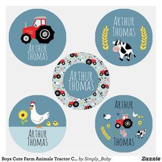 four stickers with farm animals and tractors on them