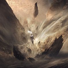 a man standing on top of a mountain surrounded by rocks and lightning in the sky