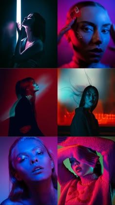 a collage of photos with different colored lighting and woman's face in the background